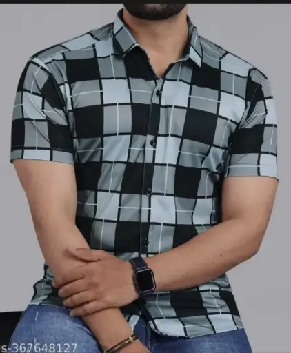 Check half sleeve shirt with white and green cotton fabric